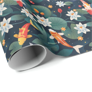 Papier cadeau élégant Carpe Koï et nénuphar sur fo