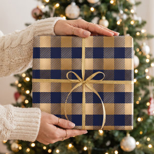 Papier Cadeau Élégant carreau de buffle doré et marine classique