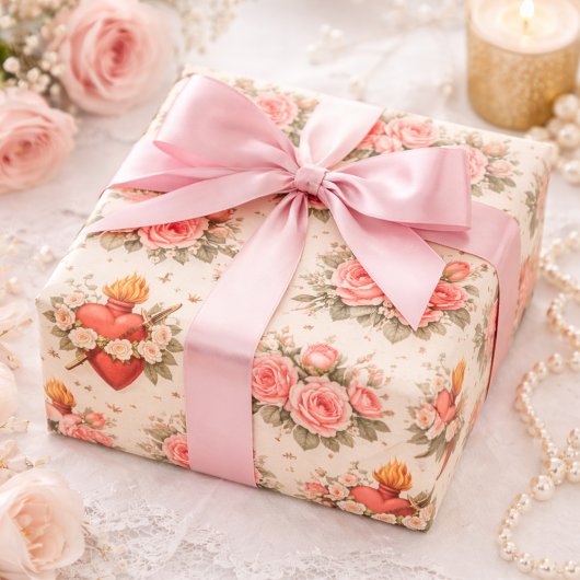 Papier Cadeau Elegant Catholic Heart of Mary Pink Roses