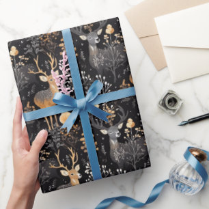 Papier Cadeau Elégant cerf de bois aux accents floraux