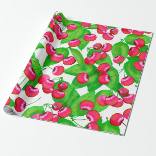 Papier Cadeau Elégant cerises rouges et Motif Feuille vert