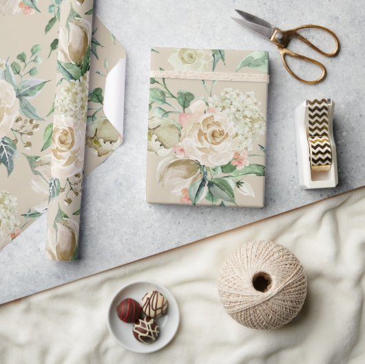 Papier Cadeau Élégant Champagne Crème Floral Botanique Mariage (Artisanat)