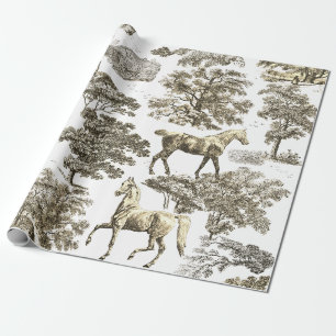 Papier Cadeau Elégant Cheval Blanc Beige Vintage en Bois Toile