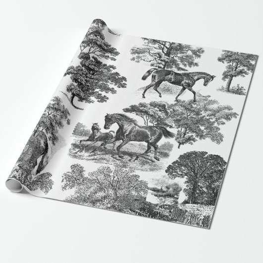 Papier Cadeau Elégant cheval rustique Black White Toile (Déroulé)