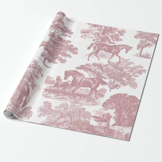 Papier Cadeau Elégant Chevaux Rustiques Rose Toile Blanche sans (Déroulé)