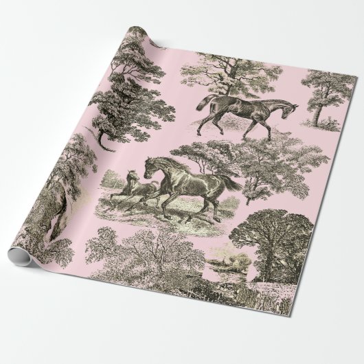 Papier Cadeau Élégant Chevaux Rustiques Roses Beige Toile transp (Déroulé)