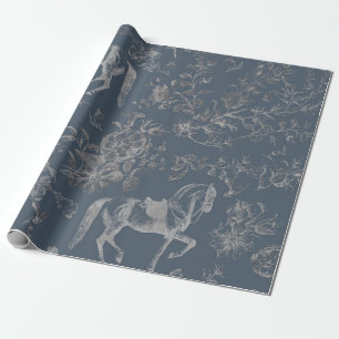 Papier Cadeau Élégant Chevaux Vintage bleu gris floral Patter