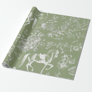 Papier Cadeau Élégant Chevaux Vintage de Sage foncé Patter Flora
