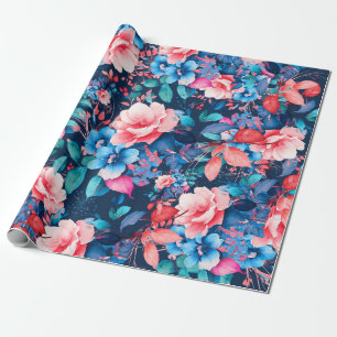 Papier Cadeau Elégant Chic Aquarelle Floral Anniversaire Marine