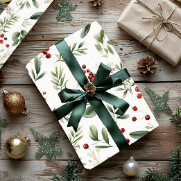 Papier Cadeau Elegant Christmas Greenery & Red Berries Holiday