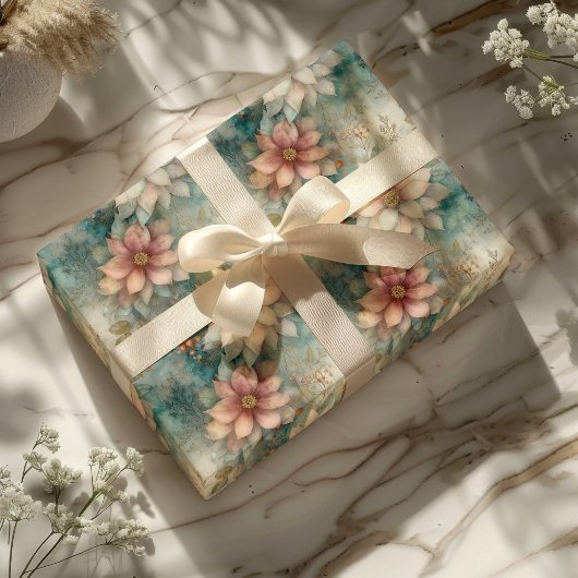 Papier Cadeau Elegant Christmas Peach and Sage Green Floral 