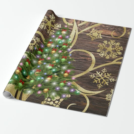 Papier Cadeau Elegant Christmas Tree Barn Wood Gold Design (Déroulé)