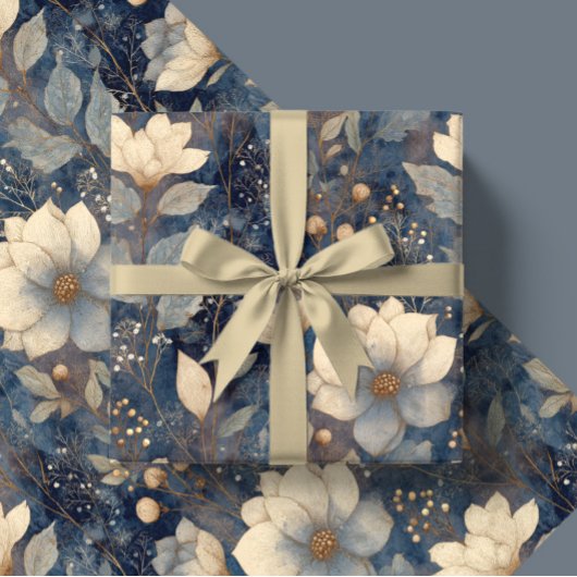 Papier Cadeau Elegant Christmas Winter Cream And Navy Floral