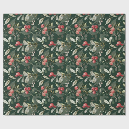 Papier Cadeau Élégant classique de la verdure et des baies Noël (Plat)