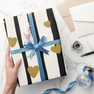 Papier Cadeau Élégant Classique Rayures Noires Cœur Doré