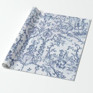 Papier Cadeau Élégant Classique Vintage Bleu Toile de Jouy Franç
