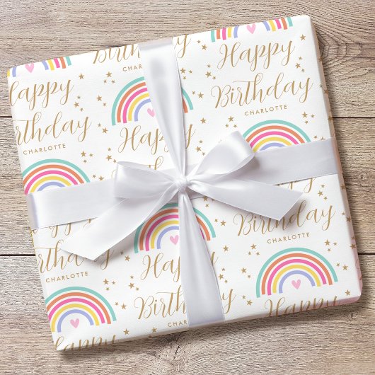 Papier Cadeau Elégant Coeur Arc-en-ciel Joyeux Anniversaire Nom