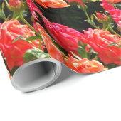 Papier Cadeau Elégant corail rouge orange rose jardin rose (Coin rond)