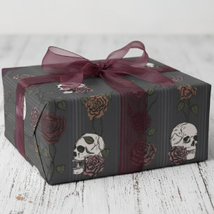 Papier Cadeau Élégant crâne gothique et rayures de roses