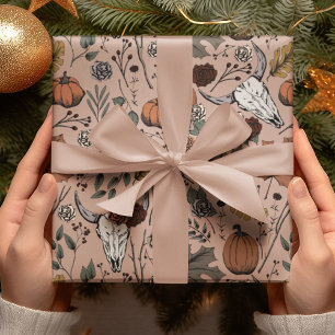 Papier Cadeau Élégant crâne gothique Rose de récolte d'automne e