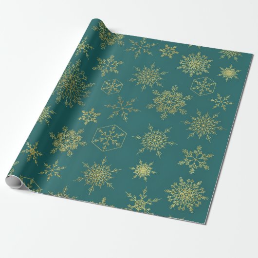 Papier Cadeau Élégant Cyan Turquoise Gold Snowflakes Motif (Déroulé)