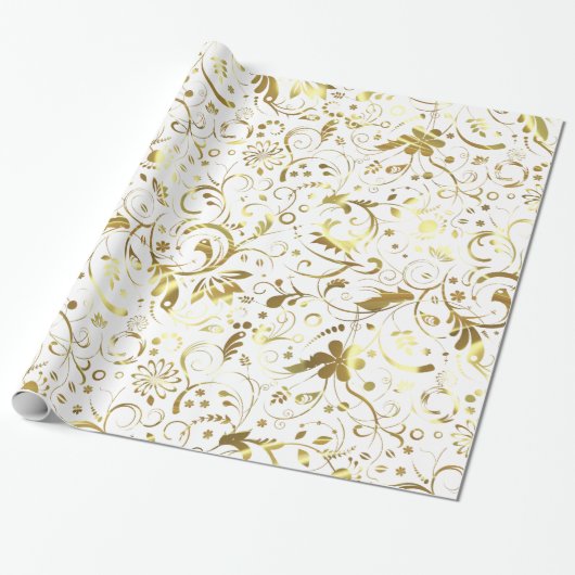 Papier Cadeau Élégant Damas Florales Blanches Et Or (Déroulé)