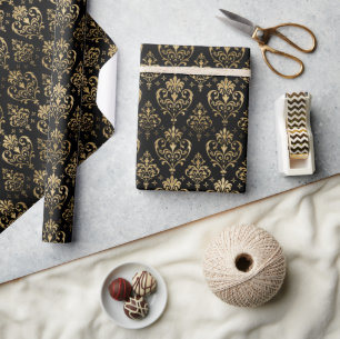 Papier Cadeau Élégant Damassé de la Saint-Valentin à coeurs noir