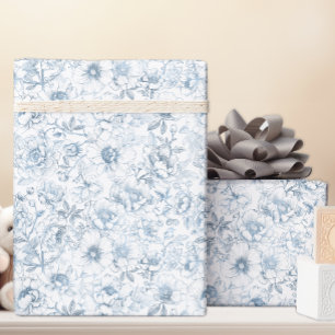 Papier Cadeau Elégant Dusty Blue Chinoiserie Motif Floral