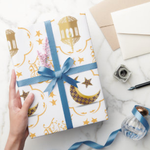 Papier Cadeau Elegant Eid Moubarak Calligraphie arabe or blanc