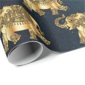 Papier Cadeau Elégant Eléphant Floral Paisley Or, Bleu foncé (Coin rond)