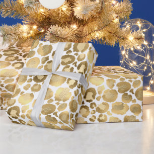 Papier Cadeau Élégant empreinte de léopard motif feuille or blan
