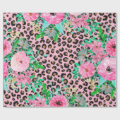 Papier Cadeau Elégant Empreinte de léopard rose et design floral (Plat)