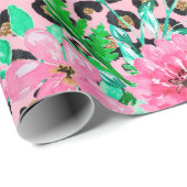 Papier Cadeau Elégant Empreinte de léopard rose et design floral (Coin rond)