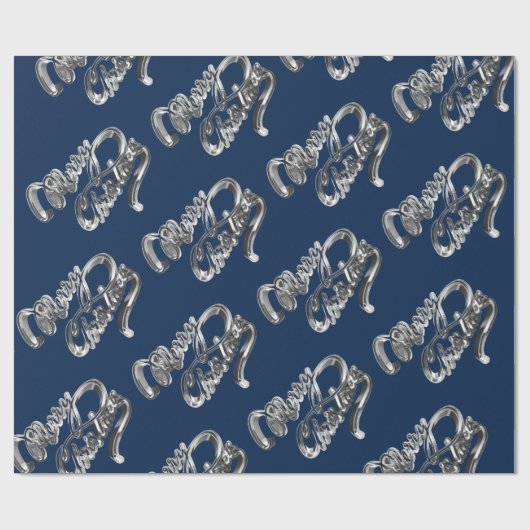 Papier Cadeau Élégant Faux Argent Pellicule Script de Noël Bleu (Plat)