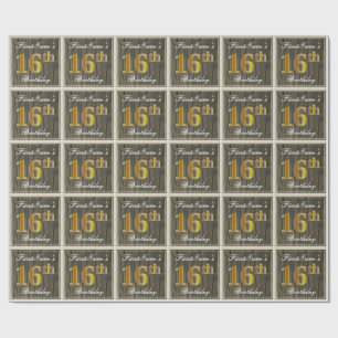 Papier Cadeau Elégant, Faux Wood, Faux Gold 16e anniversaire + N