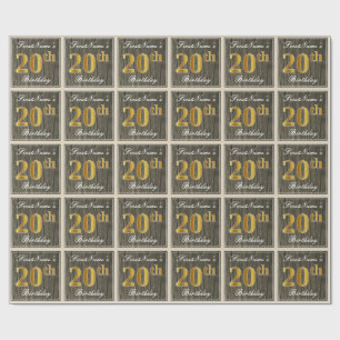 Papier Cadeau Elégant, Faux Wood, Faux Gold 20e Anniversaire + N