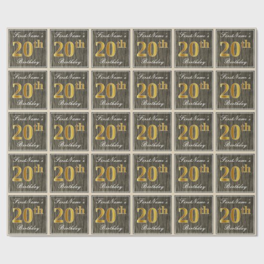 Papier Cadeau Elégant, Faux Wood, Faux Gold 20e Anniversaire + N (Plat)