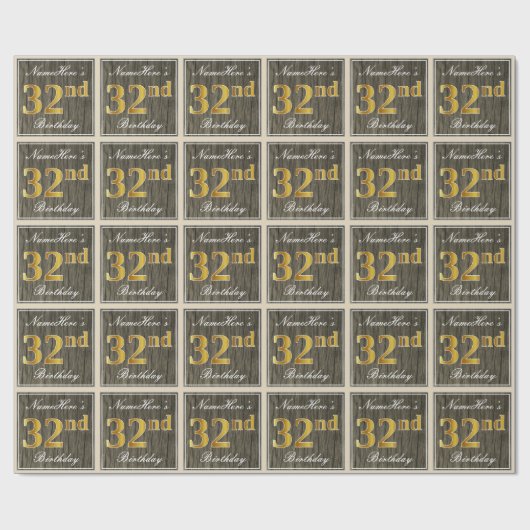 Papier Cadeau Elégant, Faux Wood, Faux Gold 32e Anniversaire + N (Plat)