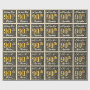 Papier Cadeau Elégant, Faux Wood, Faux Gold 90e Anniversaire + N