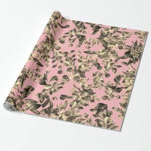 Papier Cadeau Elégant Festif Aquarelle Or Baies Beige Rose