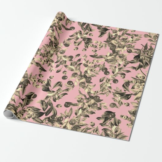 Papier Cadeau Elégant Festif Aquarelle Or Baies Beige Rose (Déroulé)