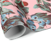 Papier Cadeau Elégant Festif Aquarelle Rouge Bleu Baies Rose (Coin rond)