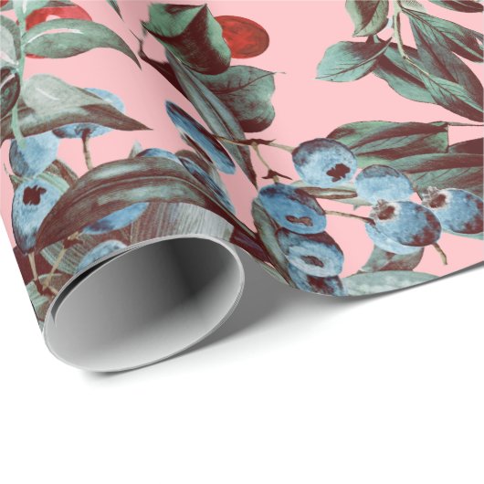 Papier Cadeau Elégant Festif Aquarelle Rouge Bleu Baies Rose (Coin rond)