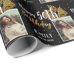 Papier Cadeau Elégant Feuillage Noir Or 50e Anniversaire