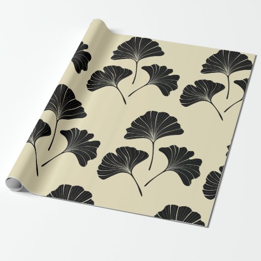 Papier Cadeau Élégant feuille de ginkgo beige noir (Déroulé)