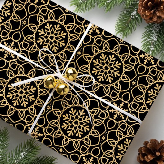 Papier Cadeau Élégant flocon de neige de Noël Faux Gold Black