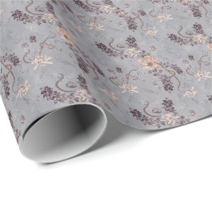Papier Cadeau Élégant floral argent gris Chrysanthème Mariage