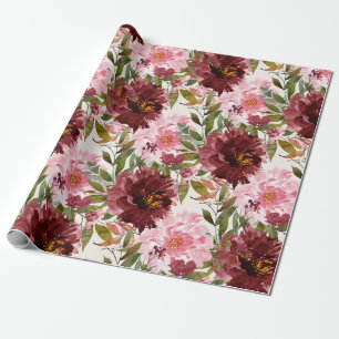 Papier Cadeau Élégant floral botanique aquarelle rose burgundy