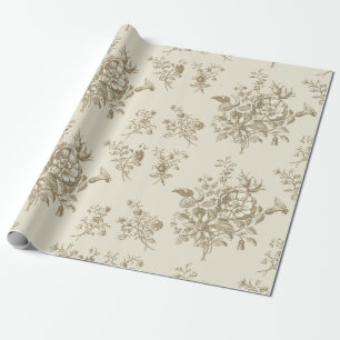 Papier Cadeau Élégant Floral Doré Beige Vintage