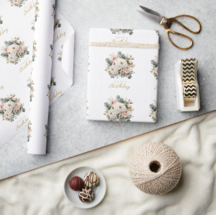 Papier Cadeau Elégant Floral "Joyeux Anniversaire"